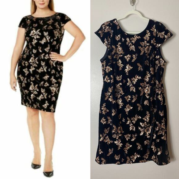 NWT CALVIN KLEIN DRESS 20W BLACK GOLD SEQUINS VELVET HOLIDAYS FESTIVE - Picture 1 of 15